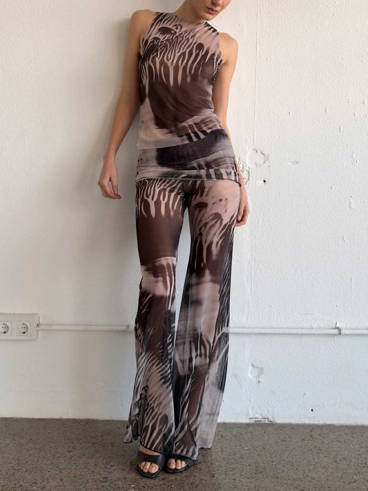 Unique Abstract Print Mesh Sleeveless Top, Earth Tones, Form-Fitting, High Neck Design
