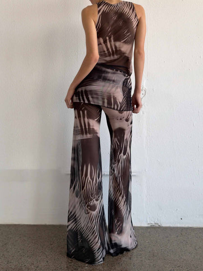 Unique Abstract Print Mesh Sleeveless Top, Earth Tones, Form-Fitting, High Neck Design