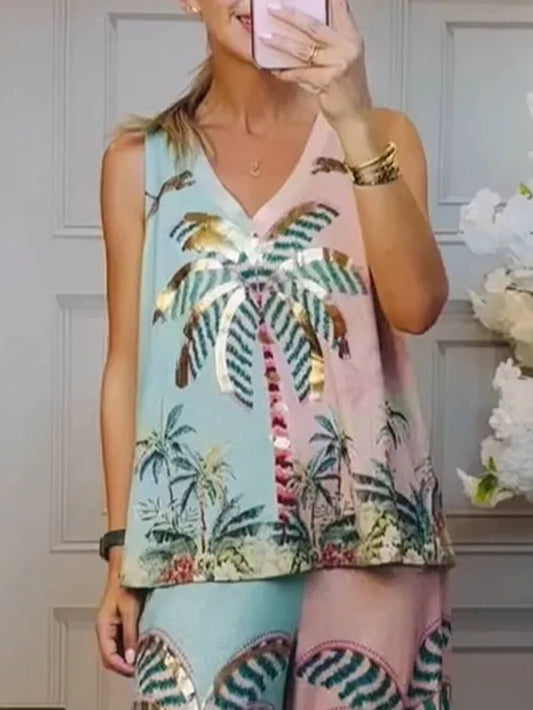 Tropical Palm Tree Print Loose Fit V-Neck Sleeveless Tank Top
