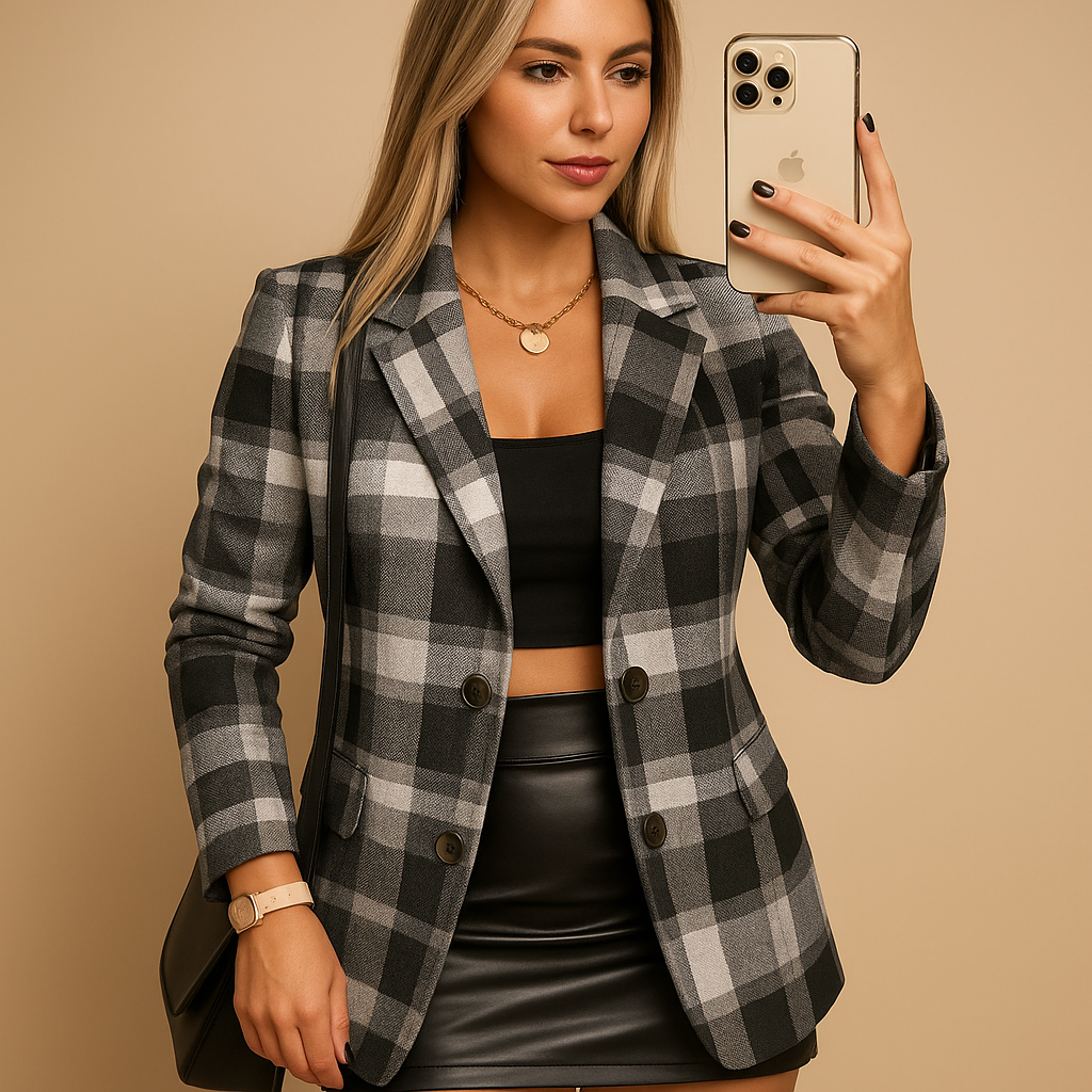 Rive™ | Long Padded Women's Coat with Check Pattern