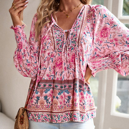 Leyla Printed Long Sleeve Shirt with V-Neck