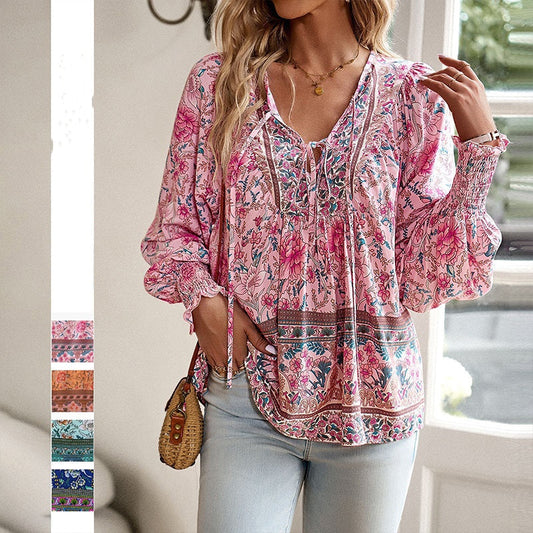 Leyla Printed Long Sleeve Shirt with V-Neck