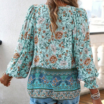 Leyla Printed Long Sleeve Shirt with V-Neck