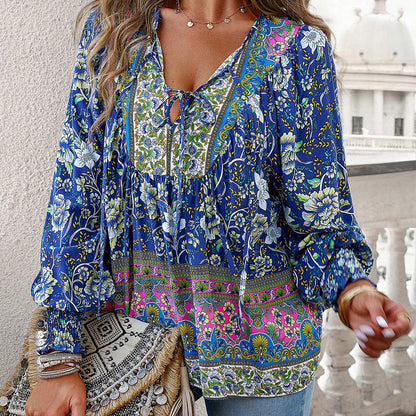 Leyla Printed Long Sleeve Shirt with V-Neck