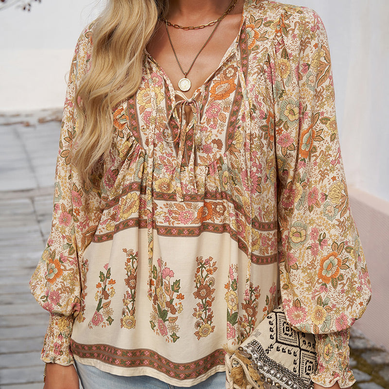 Leyla Printed Long Sleeve Shirt with V-Neck