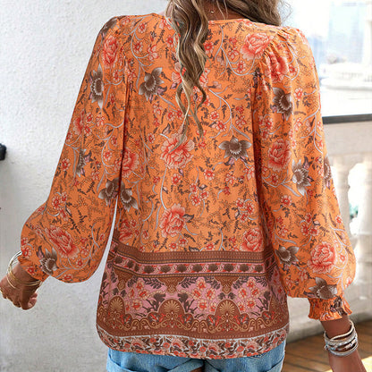 Leyla Printed Long Sleeve Shirt with V-Neck