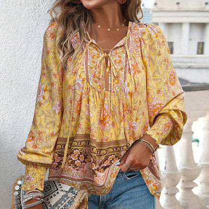 Leyla Printed Long Sleeve Shirt with V-Neck