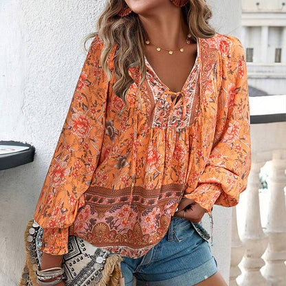 Leyla Printed Long Sleeve Shirt with V-Neck
