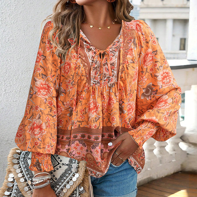 Leyla Printed Long Sleeve Shirt with V-Neck