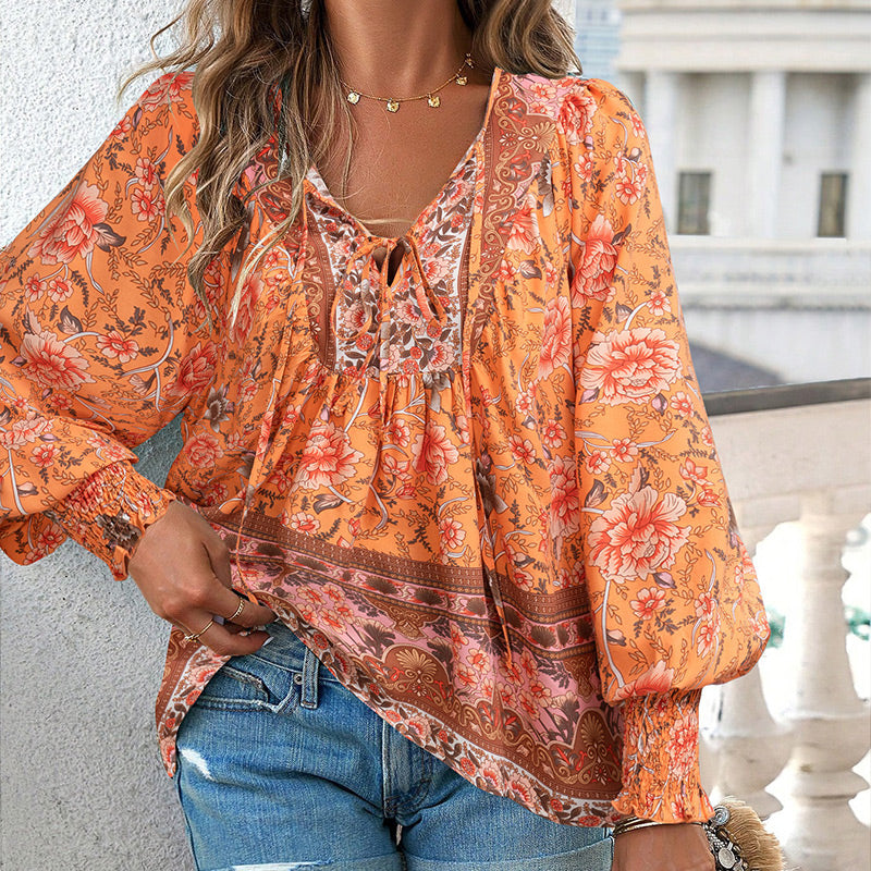 Leyla Printed Long Sleeve Shirt with V-Neck