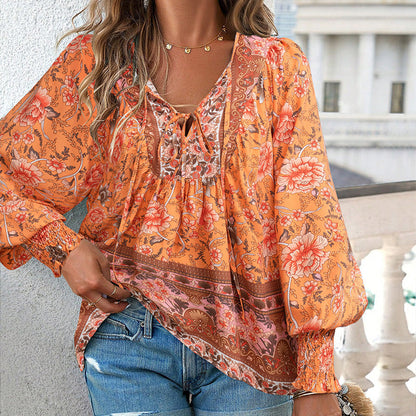 Leyla Printed Long Sleeve Shirt with V-Neck
