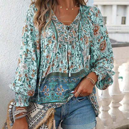 Leyla Printed Long Sleeve Shirt with V-Neck