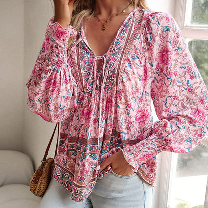 Leyla Printed Long Sleeve Shirt with V-Neck