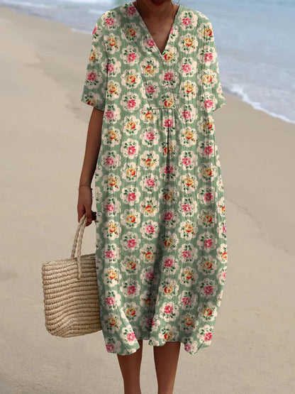 Eliane | Vintage Floral Dress in Aqua Green