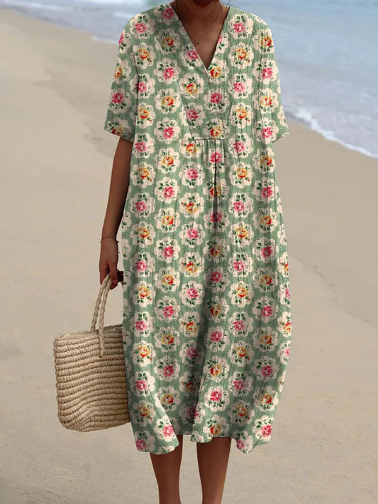 Eliane | Vintage Floral Dress in Aqua Green